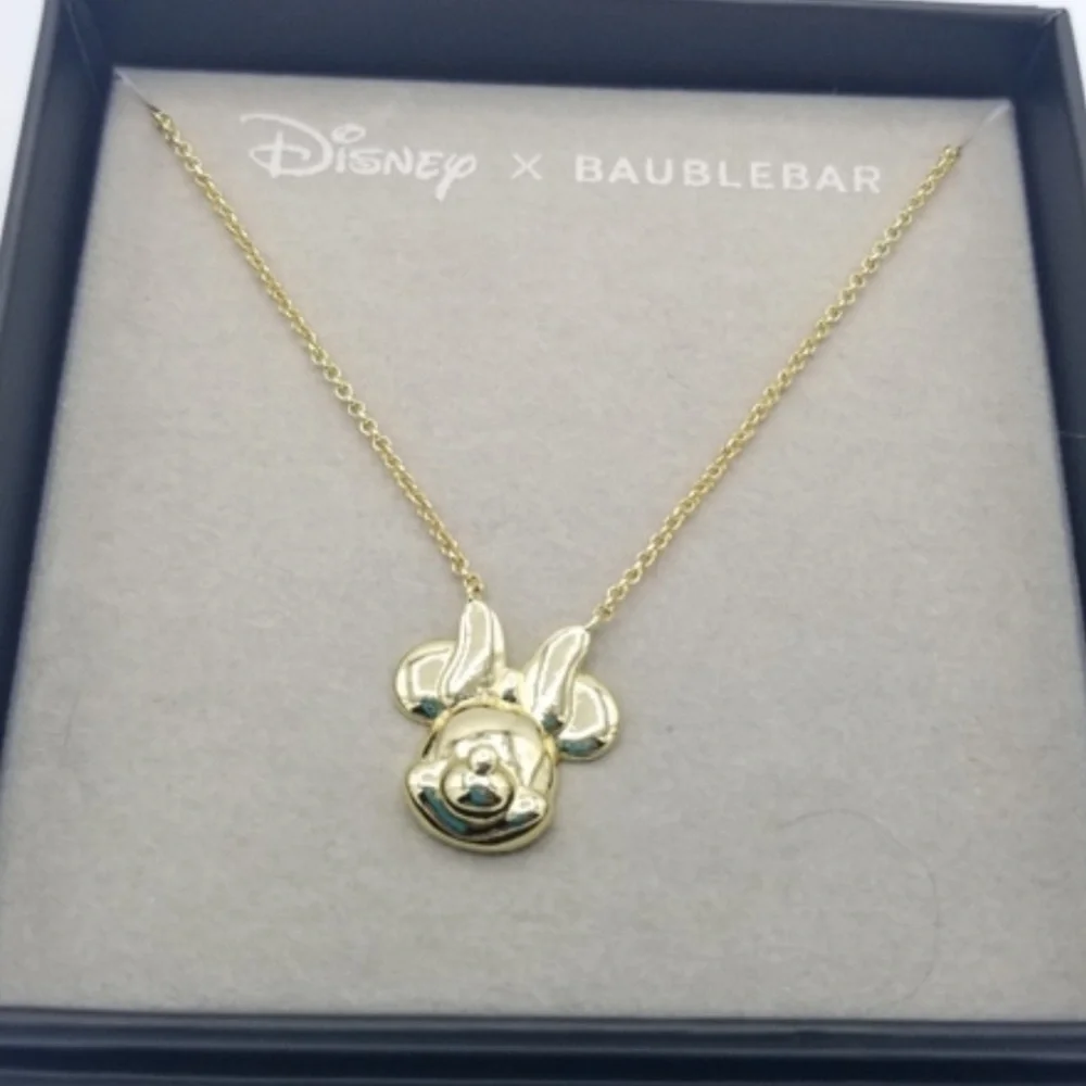 NWT Disney X Baublebar Goldtone Minnie Mouse Dimensional Face With Bow Necklace - Picture 1 of 3